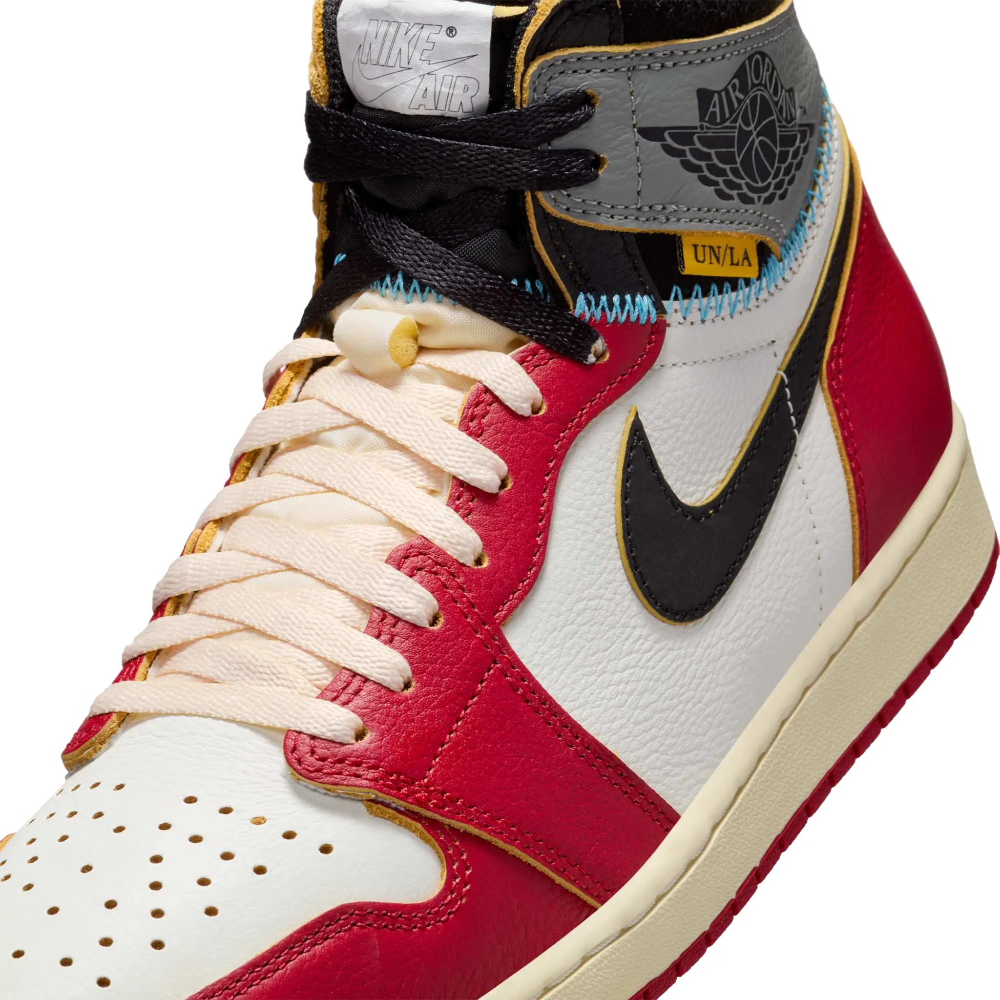 Side detail view of Union LA x Air Jordan 1 Retro High OG SP Chicago Shadow HV8563-600